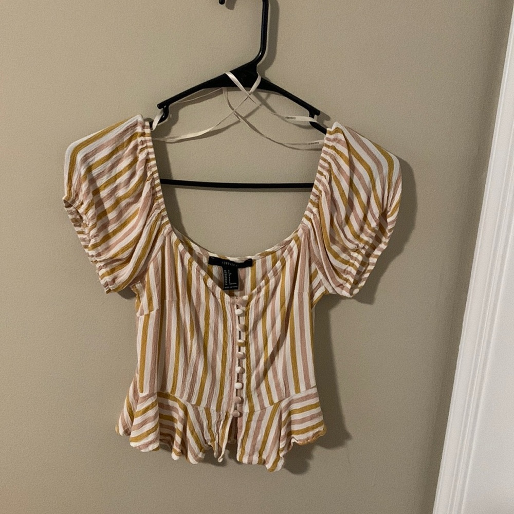 Forever 21 yellow-striped ruffled crop-top with poofy sleeves